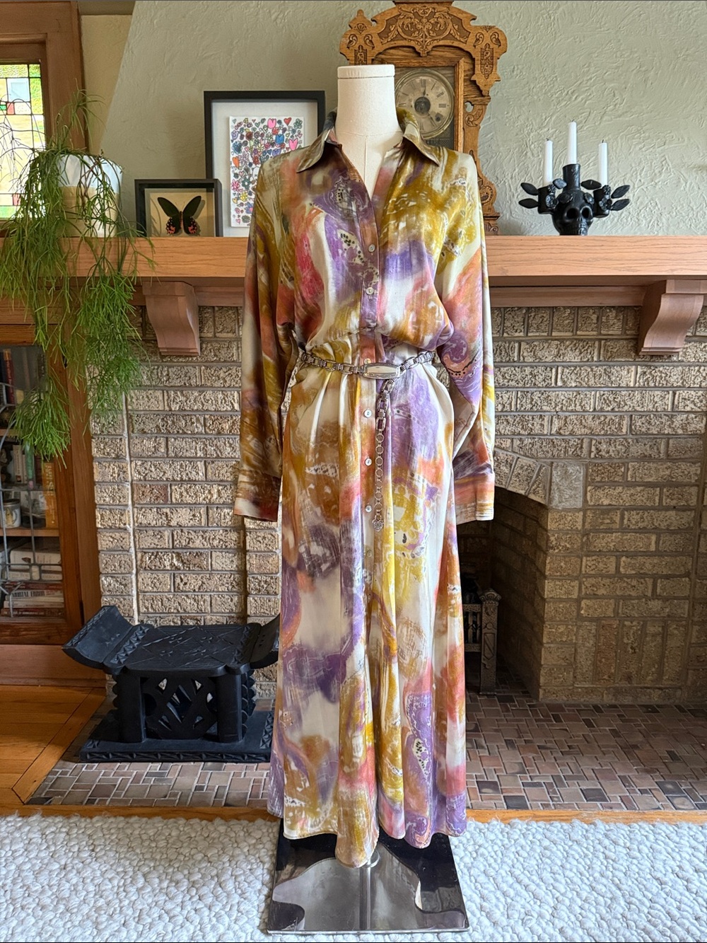Zara Tie Satin Shirt Dress in Purple, Mustard & Pink